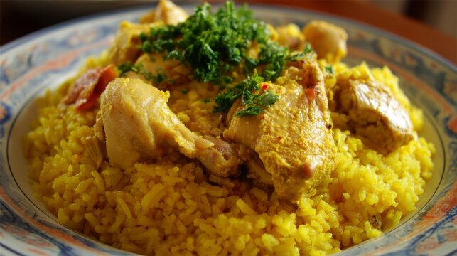 Delicious and Aromatic Chicken Biryani with Fragrant Yellow Rice Garnished with Fresh Cilantro and Spices in a Traditional Bowl - Powered by Adobe