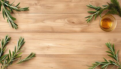 Aerial view of a rustic wooden table featuring vibrant organic food and natural textures