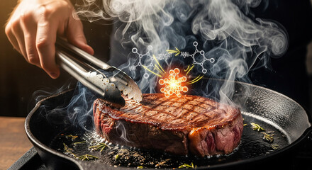 Chef using tongs to cook a thick, juicy steak in a cast iron skillet, with smoke rising and a glowing molecular structure representing flavor compounds and cooking science