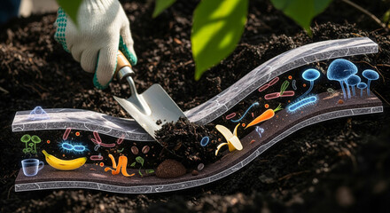 A crosssection of soil reveals a vibrant ecosystem of beneficial microorganisms, fungi, and organic matter, with a gloved hand using a trowel to cultivate the rich earth