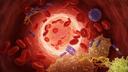 Circulation dynamics Red blood cell, white blood cell, and platelet aggregation vein and artery, revealing health and disease indicators for human bodys vascular system, detailed visualization