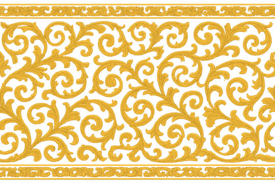 Seamless gold ornate border pattern with baroque filigree scrolls and acanthus leaves on transparent background