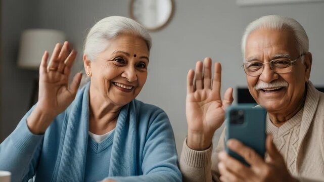 Elderly couple embracing technology, senior connection with family through mobile communication, experiencing joy, happiness, and shared moments