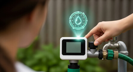 Smart irrigation system with a digital timer controlling water flow from a garden tap, controlled by a person using a smartphone interface, representing automation and water conservation in gardening