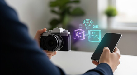 Person holding a vintage camera and a smartphone, with glowing digital icons representing data transfer and connectivity, symbolizing the integration of old and new photography