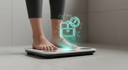 Person standing on a digital smart scale with glowing futuristic icons representing health and fitness tracking, symbolizing weight loss and body composition analysis in a modern home setting