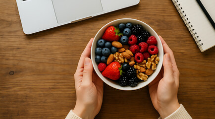 Enjoy healthy eating at the desk with fresh berries and nuts for a vibrant and productive workday, fueling focus and well-being in a modern workspace