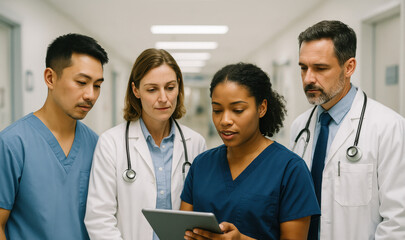 Dedicated medical team collaborating using digital tablet in hospital, providing efficient patient care and innovating healthcare delivery together now