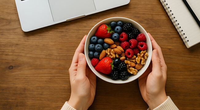 Enjoy healthy eating at the desk with fresh berries and nuts for a vibrant and productive workday, fueling focus and well-being in a modern workspace