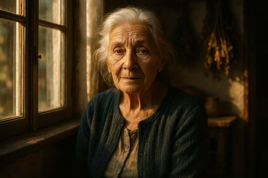 Thoughtful older woman gazing out window in warm light, portrait of wisdom and experience, capturing timeless beauty in quiet contemplation