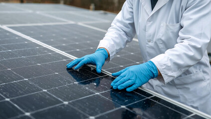 Scientist in lab coat inspecting solar panels