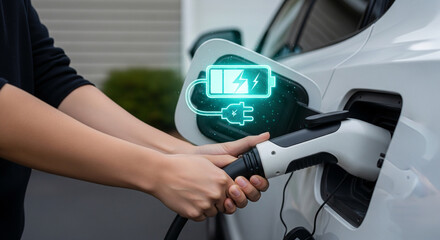 Closeup of a persons hands plugging an electric car charging cable into the vehicles charging port, with a glowing battery icon indicating power transfer