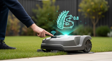 Persons finger activating a robotic lawnmower with a glowing futuristic icon showing a leaf and circuit board, symbolizing smart gardening and automated lawn care in a backyard
