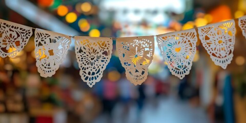Vibrant mexican papel picado decorations in market
