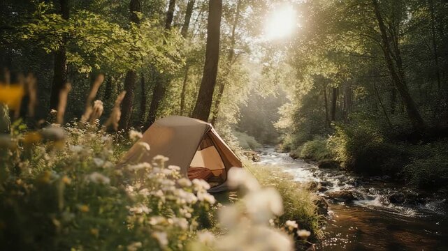 Serene Forest Camping: Tent by River, Sunlight, Nature's Tranquility