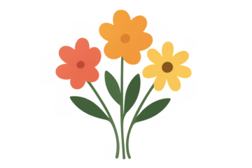 Colorful minimalist floral bouquet illustration with simple flowers and green leaves on transparent background