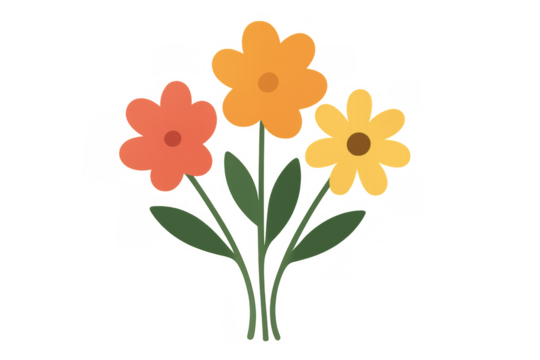 Colorful minimalist floral bouquet illustration with simple flowers and green leaves on transparent background