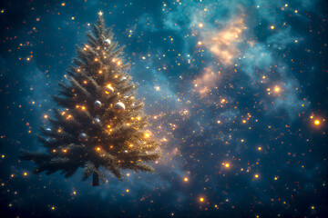 A surreal glowing Christmas tree floats amidst a vast starry void, ornaments orbiting slowly like planets, glittering gold dust swirling around.