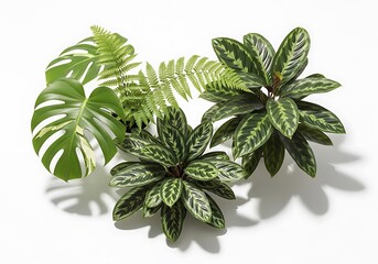 Group of assorted green houseplants including monstera, fern, and calathea on white