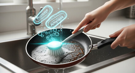 A person scrubs a frying pan in a kitchen sink, with glowing icons of protease and amylase molecules above, illustrating the action of enzymes in cleaning