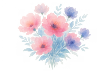 Watercolor floral bouquet illustration depicting pink and blue flowers with light blue leaves, transparent background