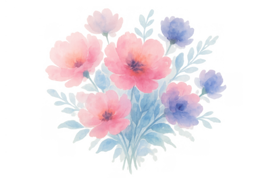 Watercolor floral bouquet illustration depicting pink and blue flowers with light blue leaves, transparent background