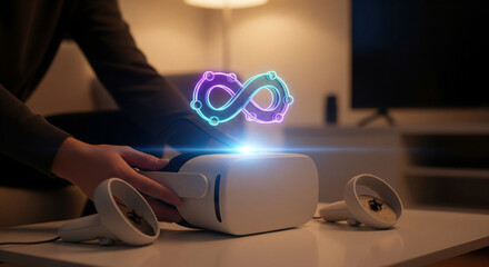 Person holding a vr headset with a glowing infinity symbol hologram above it, representing virtual reality and technology