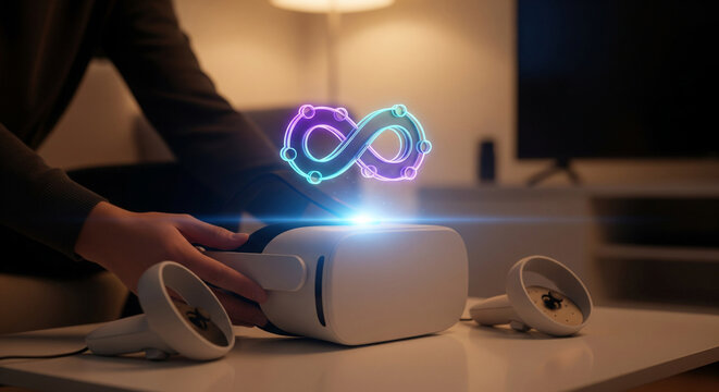 Person holding a vr headset with a glowing infinity symbol hologram above it, representing virtual reality and technology - Powered by Adobe