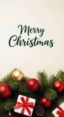 Obraz premium Merry Christmas festive holiday greeting card design with evergreen branches, red and gold ornaments, and gift boxes