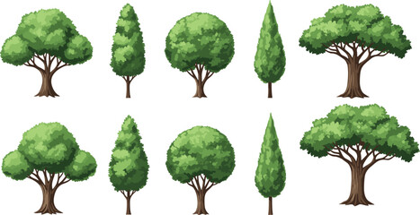 Vector collection of green forest trees including oak and cypress for game design, nature landscape, and environmental background scenes.