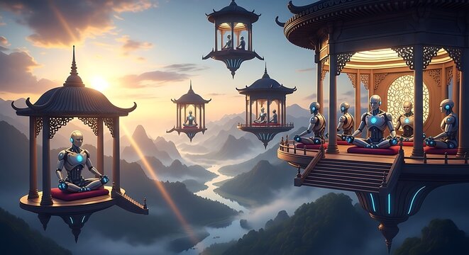 Futuristic spiritual retreat with cyborgs in levitating temples at sunrise.