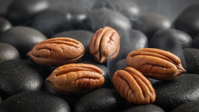 Organic Brown Pecan Nut Close Up Natural Food Ingredient for Healthy Snack, Steam Rising from Smooth Stones, Aromatic Indulgence, Cozy Comfort, Relaxation, Delicious Treat, Foodie Delight