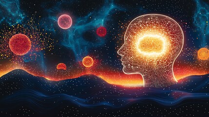 Abstract Silhouette of Human Mind and Cosmic Elements