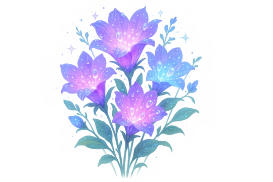 Bioluminescent glowing fantasy flowers with water drops, creating an enchanting magical floral arrangement