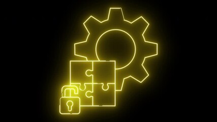 Yellow neon outlines a gear 4 puzzle pieces  a lock on a black background