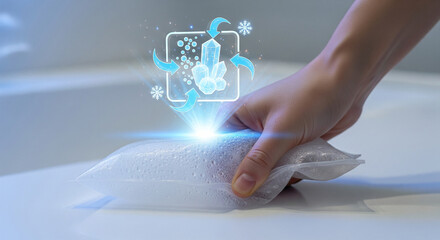 Hand holding a filter bag with glowing ice crystals and snowflakes, representing cold and freshness, with a bright light emanating from the center, symbolizing purification and advanced technology