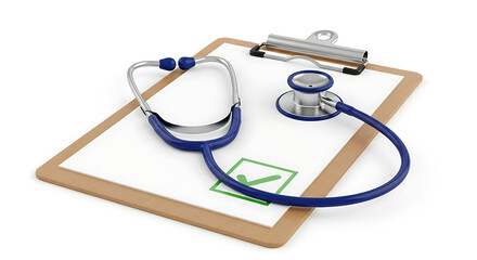 Healthcare concept with a stethoscope on a clipboard showing a green tick mark, representing good health, an approved medical report, or insurance