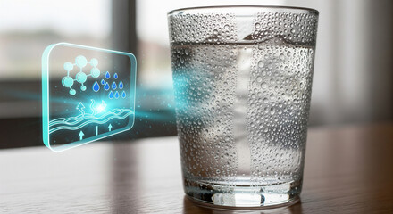 A glass of cold, refreshing water filled with ice cubes, with a glowing holographic icon nearby depicting molecular structure and purification process, symbolizing pure and healthy hydration