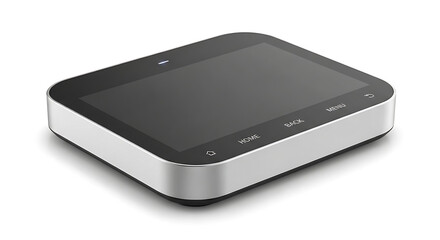 Sleek and modern smart home automation controller with a black touchscreen display and intuitive navigation buttons, isolated on a white background