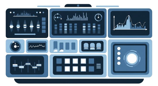 Futuristic Control Panel Interface with Data Visualizations and Interactive Displays.
