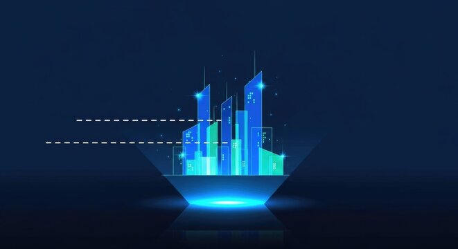Futuristic glowing blue hologram of a smart city skyline with data visualization. - Powered by Adobe