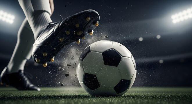 Powerful soccer kick close up of foot striking ball on field