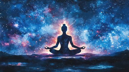 Obraz premium Woman meditating cosmic night, spiritual serenity, starry background, wellness