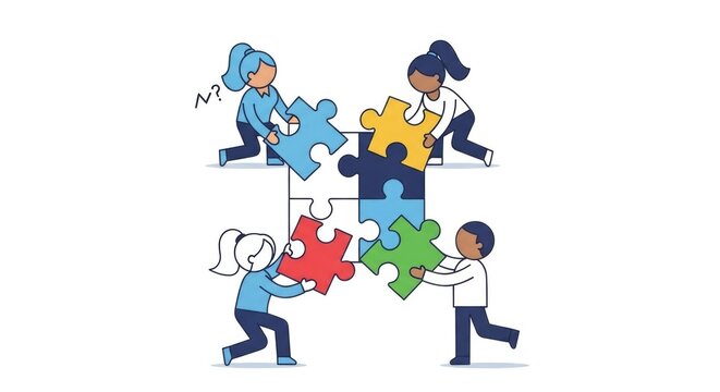 Group of diverse children working together to assemble a colorful jigsaw puzzle.