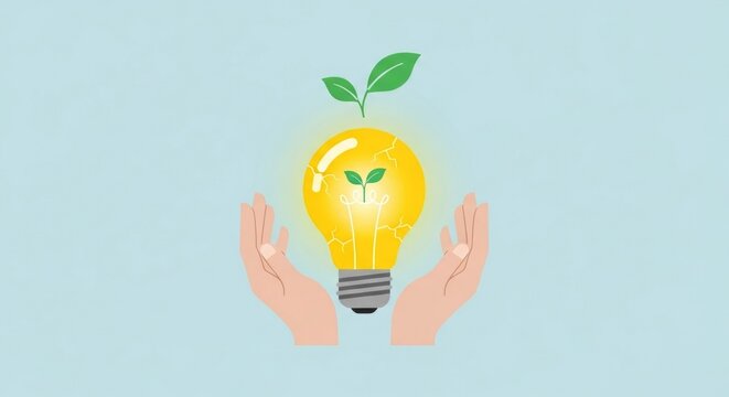 Hands holding a glowing light bulb with a plant growing from it, symbolizing green energy and innovation. - Powered by Adobe