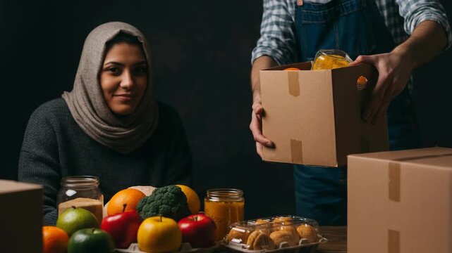 Smiling Muslim Woman Receives Groceries Box Kindness, Generosity, Food Bank Donation Offers Hope, Support. Community Aid, Sharing, Caring, Volunteer Charity, Help, Assistance, Humanitarian Relief