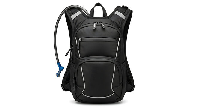 Black hydration backpack with a water bladder and reflective details, designed for outdoor sports, offering convenient fluid access for cycling, running, or hiking