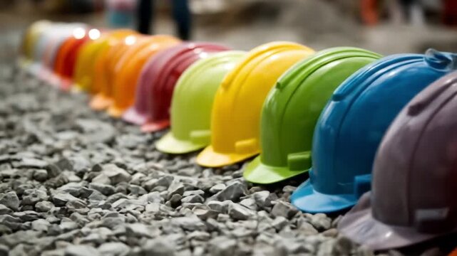 Row of colorful hard hats lined along rough gravel, slanted construction-site view, orderly. neatly