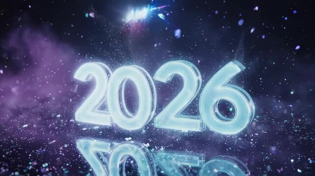 Glowing 2026 digits reflected in a cosmic background