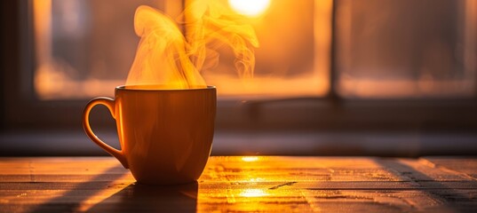 Cozy morning vibes steaming coffee cup on wooden table in natural light with minimal aesthetic